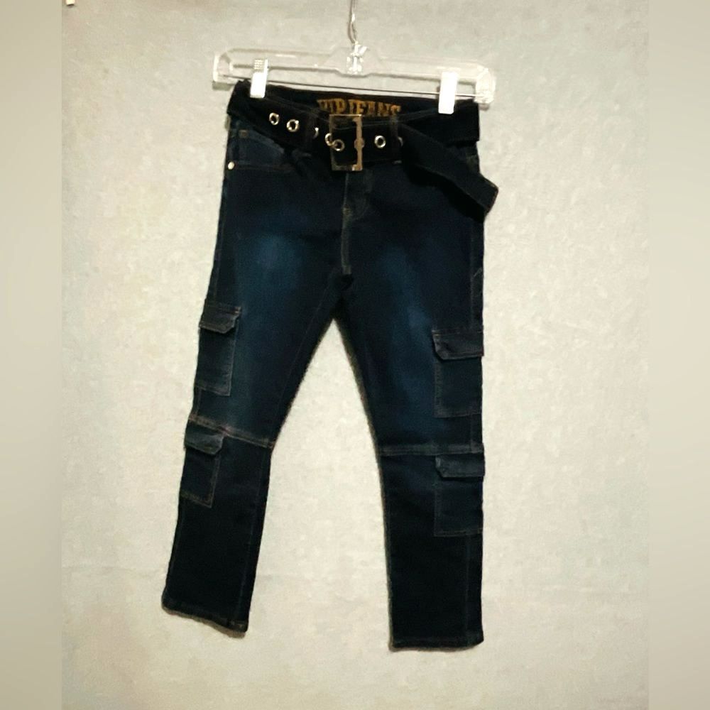 V.I.P. Jeans Girls Size 10 Dark Wash Skinny Cargo Pants with Grommet Belt Y2K
